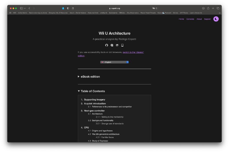 Wii U Architecture by Rodrigo Copetti🏗 这个网站是由 Rodrigo Copetti 搭建和撰写的，它提供了任天堂和许多其他电脑硬件的框架解析👾 我是因为他写的 Wii U 的技术规格和硬件发现的，里面包含了它的 IBM Power 架构、CPU、AMD 图形处理器、以及GamePad控制器的分析🗒 总体来说，该文章对任天堂 Wii U 主机的硬件、游戏、销量及其在游戏史上的地位进行了信息丰富且详细的评价，非常推荐大家去逛逛频道