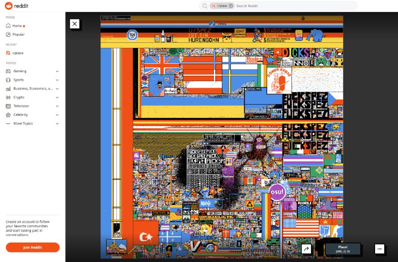 第三届 Reddit 在线公共画布开始用户可以在 r/place 隔几分钟放置一个像素，共同努力在一个巨大的在线画布上创作艺术