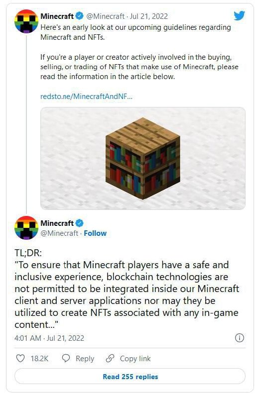 ［慢讯］Mojang 强调不支持也不允许Minecraft NFT 化Minecraft 在多个平台都有非常高的人气，在可预见的未来将不会涉足非同质化代币（NFT）