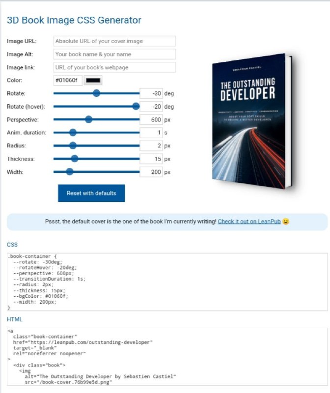 3D Book Image CSS Generator github 此项目可自动为书籍创建 3D 图像，并自动生成指定的 CSS 与 HTML 代码，方便开发者快速将图像嵌入网页中