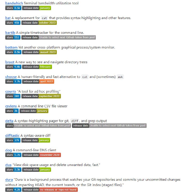 Rust编写的命令行实用工具的精选列表，提供了一系列功能强大、高效的工具，如bat、fd、ripgrep等，代表了Rust生态系统中最优秀的命令行工具