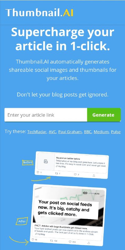 Thumbnail.AI 是一个在线服务，可以为任意 URL 自动生成标题图片，便于在社交媒体引用文章时，提供缩略图