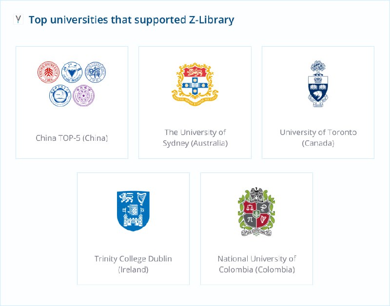 Z-Library根据用户的教育邮箱信息对用户的教育机构进行数据分析,发现Z-Library在全球有超过30000家教育机构和超过600000员工(包括教师和学生)使用,这个数字在数字上很低,因为大部分用户不会填写自己的教育邮箱,但是这能在一定程度上反映用户教育机构和国籍的比例统计中由于中国用户的数量较多,就把中国用户中占比较高的教育机构合并为TOP5(包括清华大学 北京大学 复旦大学 浙江大学 中国科学技术大学).用户数量,上传数量和捐赠排行均为中国TOP5领先同时Z-Library把来自美国的数据排除了,因为美国在去年制裁了Z-Library来源链接