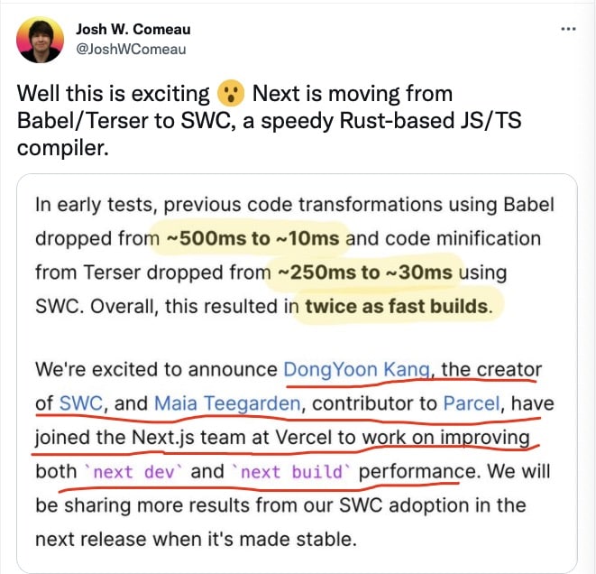 next.js 团队将 swc 作者和 parcel 贡献者都招募了