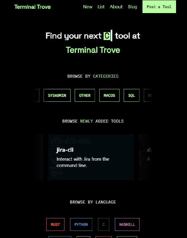 关于终端工具的网站，提供了各种终端工具的列表和分类浏览，可以浏览各种类别的工具，包括人工智能、操作系统、Linux、终端用户界面、系统管理、其他工具、macOS、SQL、网络、Docker、监控、电子邮件和Web等