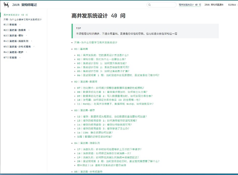 高并发系统设计40问涵盖了数据库、缓存、消息队列、分布式服务等，包括性能管理、压测、控流、熔断等运维实战