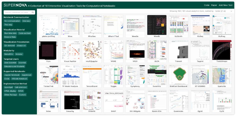 一个交互式工具，旨在帮助研究人员探索现有的notebook可视化分析工具，并寻找设计灵感和实施参考，收集了160多个notebook视觉分析工具，用户可以在浏览器中探索这些工具SuperNOVA | #工具