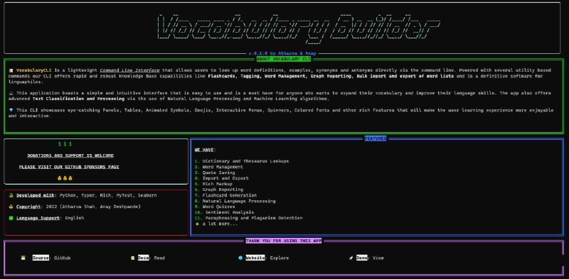 词汇生成器和 NLP CLI | GithubVocabularyCLI 是一个轻量级的命令行界面，允许用户直接通过命令行查找单词定义、示例、同义词和反义词