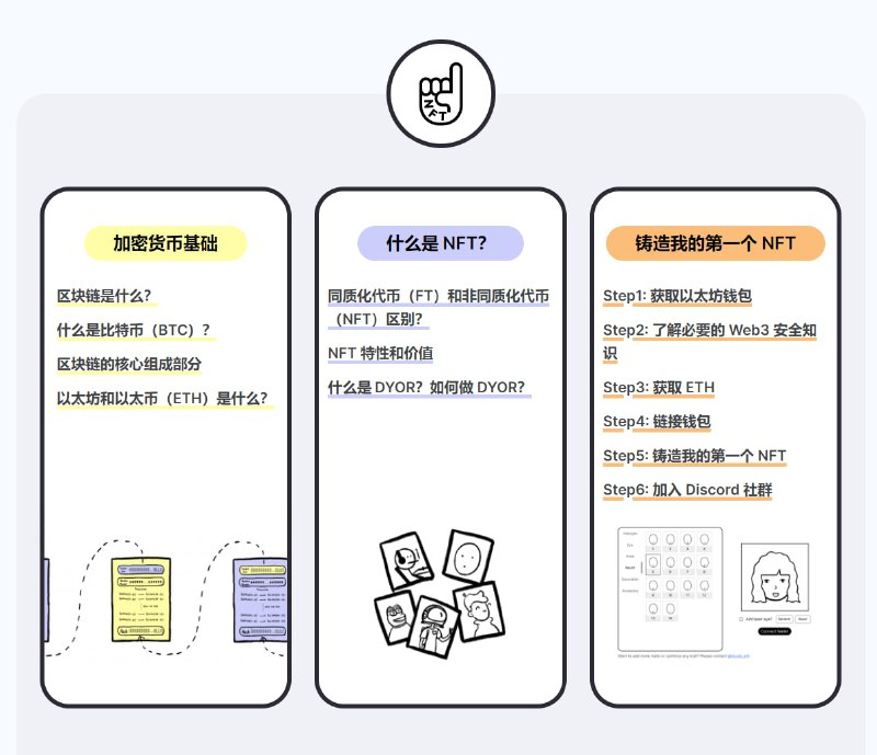 一个公益科普网页，可以在上面学习 Web3、区块链的概念、NFT 的价值和一些安全知识，最后可以铸造了一个免费的 NFT 来当头像我的第一个 NFT