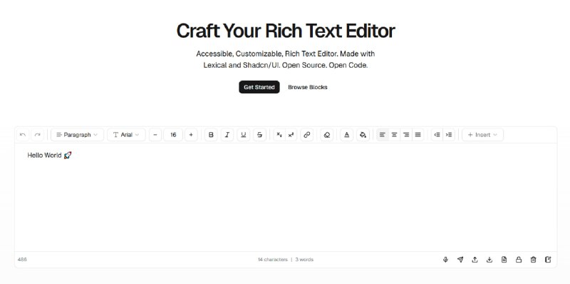 shadcn-editor：基于 Lexical 构建的现代富文本编辑器，深度集成 shadcn/ui 组件，专为 React 和 Next.js 项目设计，满足高效、灵活的文本编辑需求