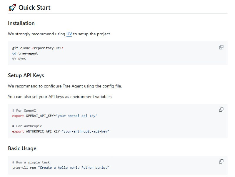Trae Agent：基于LLM的软件工程任务Agent，用自然语言指令执行复杂工程流程 支持多LLM（OpenAI和Anthropic）；丰富的工具生态系统，涵盖文件编辑、命令执行等；自动记录详细轨迹，方便调试和分析Trae Agent：基于LLM的软件工程任务Agent，用自然语言指令执行复杂工程流程 支持多LLM（OpenAI和Anthropic）；丰富的工具生态系统，涵盖文件编辑、命令执行等；自动记录详细轨迹，方便调试和分析