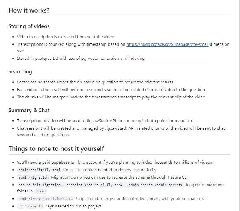 使用最新的AI工具驱动的视频搜索引擎，利用视频转录和向量搜索技术，让用户能根据问题快速找到相关的视频片段