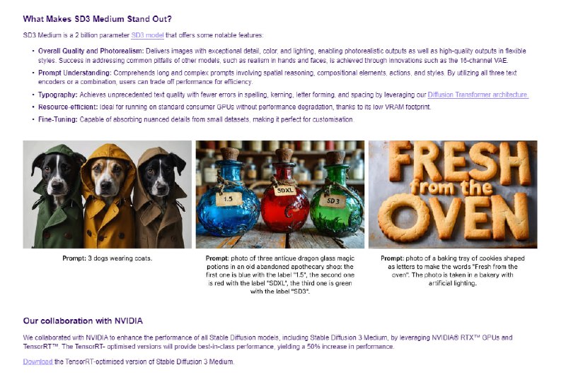 Stable Diffusion 3 Medium：Stability AI最新推出的高级文本到图像AI模型，适合在消费级PC、笔记本及企业级GPU上运行，有望成为文本到图像模型的新标准- Stability AI公开发布了Stable Diffusion 3 Medium图像生成模型，这是目前该公司最先进的开源文本到图像模型