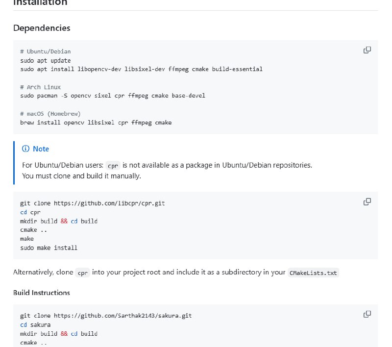 Sakura：极简高性能终端多媒体渲染库，支持图片、GIF、视频的 SIXEL 及多种 ASCII 模式渲染，带来突破传统终端显示限制的视觉体验• 核心能力    - 原生 SIXEL 图形渲染，像素级还原，支持 JPG/PNG/BMP 图片，GIF 动画和 MP4/AVI/MOV/MKV 视频    - 实时音视频同步播放，基于 ffmpeg，保证流畅同步体验    - 直接 URL 流式下载播放，无需本地缓存，支持多种网络资源    - 多样渲染模式：SIXEL、EXACT（增强 ASCII）、ASCII_COLOR（24-bit 彩色）、ASCII_GRAY（灰度字符）    - 智能自适应终端尺寸，保持画面纵横比和清晰度    - 性能优化：预解码队列、多线程帧调度、动态调色板、差异区域更新减少绘制开销  • 高级特性    - 多种字符集支持，从基础 ASCII 到超细微块字符，提升细节表现力    - Floyd-Steinberg & Atkinson 抖动算法，细腻还原图像层次    - 硬件加速解码管线可选，提升大视频处理效率    - 灵活缩放模式（STRETCH、COVER、CONTAIN）满足不同终端布局需求    - 可配置的预缓冲帧数与队列大小，平衡延迟与流畅度  • 技术架构    - 基于现代 C++，核心依赖 OpenCV（图像解码处理）、libsixel（高质量 SIXEL 编码）、cpr（HTTP 请求）、ffmpeg（音视频同步）    - 支持多平台包管理与构建，包括 Ubuntu、Arch Linux、macOS 及 NixOS flakes 配置  • 未来规划涵盖错误处理、单元测试、GPU 加速、WebM 支持、实时流输入与插件架构，具备长期演进潜力  Sakura 打破传统终端多媒体限制，融合高性能渲染与灵活配置，是开发者探索终端视觉表现和多媒体交互的利器