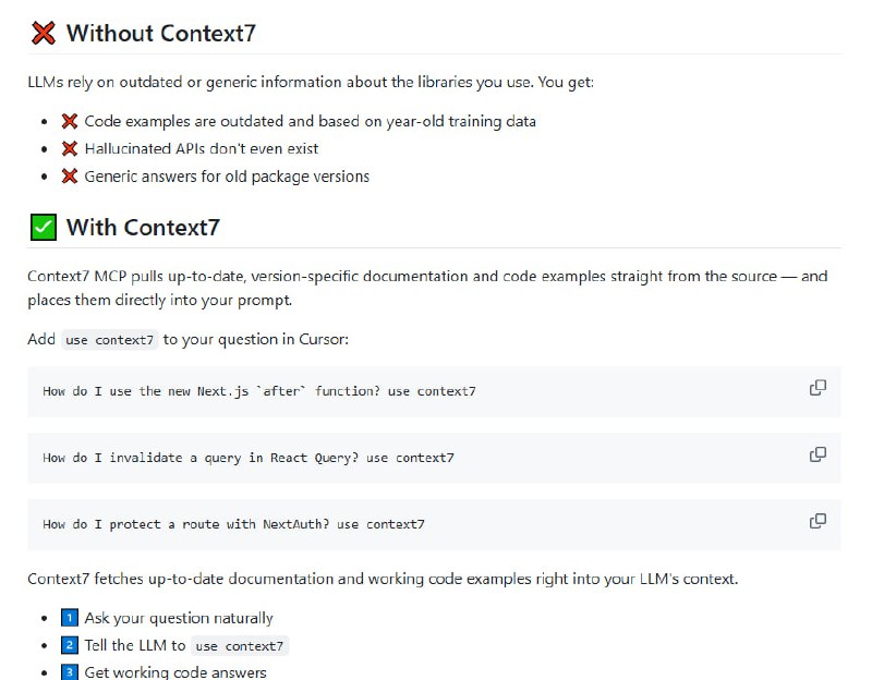 Context7 MCP Server：为LLMs和AI代码编辑器提供最新文档实时获取最新版本的库文档，避免过时信息；直接将文档和代码示例嵌入到你的提示词中，无需切换标签；支持多种开发工具，如Cursor、Windsurf、VSCode等