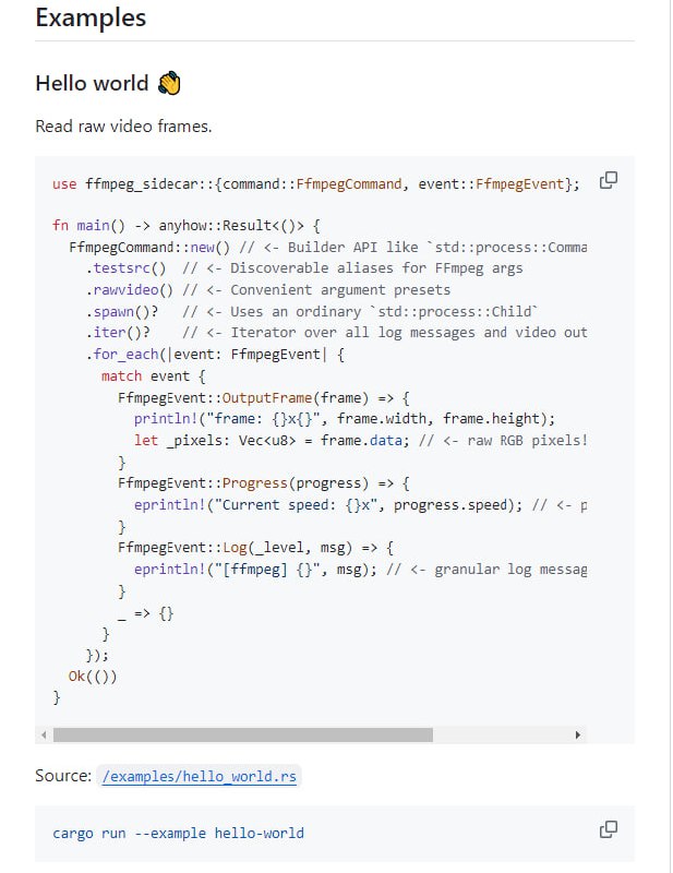 FFmpeg Sidecar：将独立的FFmpeg二进制文件封装在直观的迭代器接口中，提供极简依赖、自动下载FFmpeg CLI（如需要）、支持Windows、MacOS和Linux，以及彻底的单元测试FFmpeg Sidecar：将独立的FFmpeg二进制文件封装在直观的迭代器接口中，提供极简依赖、自动下载FFmpeg CLI（如需要）、支持Windows、MacOS和Linux，以及彻底的单元测试