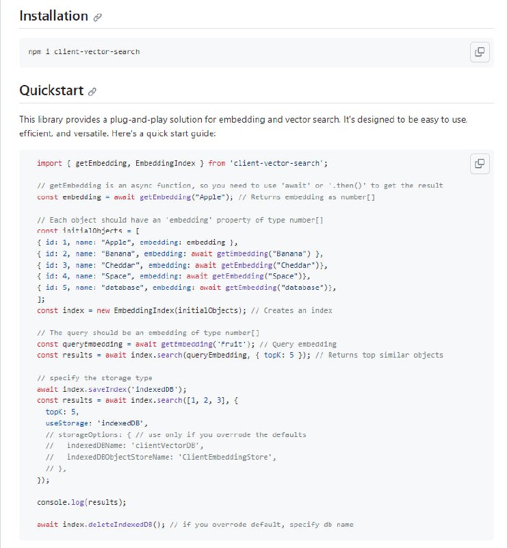 client-vector-search：嵌入式、可搜索和可缓存的客户端向量搜索库，目标是构建一个超级简单、快速的向量搜索，可处理数百到数千个向量