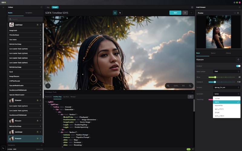 SDFX：通过漂亮界面构建和分享AI应用的无代码平台特征在复杂的工作流程之上构建和共享用户友好的应用程序100% 兼容 ComfyUI 及其所有功能可以与你现有的 Comfy 安装一起使用（使用我们的 SDFXBridgeForComfy 自定义节点）LiteGraph 几乎在打字稿中从头开始重构动画图导航节点书签和高级图形搜索闪电般快速的 UI 实例化和漂亮的高级组件（比 Gradio 快 450 倍）UI 调试器（目前还处于初级阶段）本机自定义节点管理器（感谢 Dr.Lt.Data）导出并共享应用程序和模板（组节点即将导出）高级基于图层的图像和蒙版编辑器 (WIP)高级检查点选择器和图库高级输入图像选择器现代且超快速的前端堆栈（vitejs、vuejs、电子）编译为本机应用程序（Windows、Linux、Mac）或 Web 应用程序非常容易维护和添加新功能SDFX：通过漂亮界面构建和分享AI应用的无代码平台特征在复杂的工作流程之上构建和共享用户友好的应用程序100% 兼容 ComfyUI 及其所有功能可以与你现有的 Comfy 安装一起使用（使用我们的 SDFXBridgeForComfy 自定义节点）LiteGraph 几乎在打字稿中从头开始重构动画图导航节点书签和高级图形搜索闪电般快速的 UI 实例化和漂亮的高级组件（比 Gradio 快 450 倍）UI 调试器（目前还处于初级阶段）本机自定义节点管理器（感谢 Dr.Lt.Data）导出并共享应用程序和模板（组节点即将导出）高级基于图层的图像和蒙版编辑器 (WIP)高级检查点选择器和图库高级输入图像选择器现代且超快速的前端堆栈（vitejs、vuejs、电子）编译为本机应用程序（Windows、Linux、Mac）或 Web 应用程序非常容易维护和添加新功能