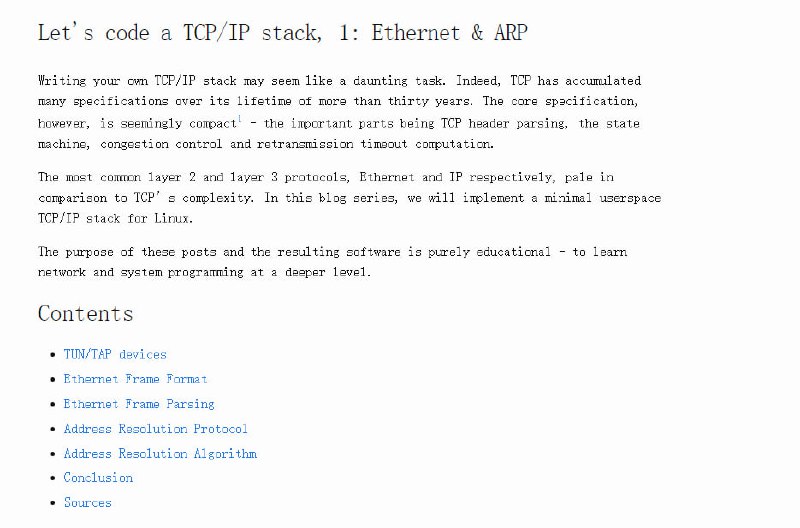系列博文：Let's code a TCP/IP stack这一系列文章详细讲解了如何从零开始编写一个TCP/IP协议栈（用C语言），涵盖了以太网、ARP、IPv4、ICMPv4、TCP握手、TCP数据流和TCP重传等多个方面