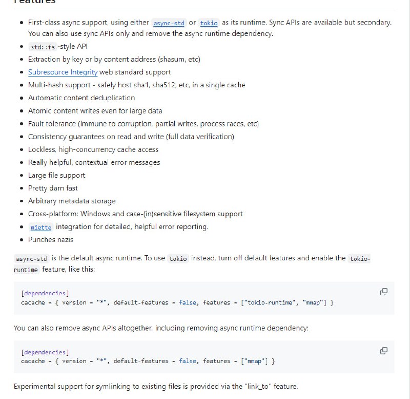 高性能并发内容寻址磁盘缓存工具，为 Rust 语言提供同步和异步 API 支持的缓存系统，优化异步操作，适用于需要高速数据访问和缓存管理的场景cacache |#工具