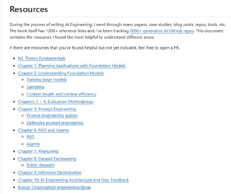 AI 工程师的必备资源库，远超一本书的价值 | #电子书• Chip Huyen 的《AI Engineering》不仅内容扎实，其配套仓库中的 resources.md 文件堪称宝藏，涵盖论文、博客等海量学习资料  • 资源覆盖大语言模型应用开发、prompt engineering、微调（fine-tuning）、RAG（检索增强生成）等前沿技术细节  • 这些精选资料节约了海量时间，帮助构建系统化认知，快速跳过摸索期，直击技术核心与应用实战  • 真实案例与理论结合，助力开发者掌握如何打造高效且可扩展的 LLM 应用，提升工程效率和模型表现  • 该资源库是理解和实践当代 AI 工程的关键入口，适合希望突破技术瓶颈的从业者长期参考与深耕