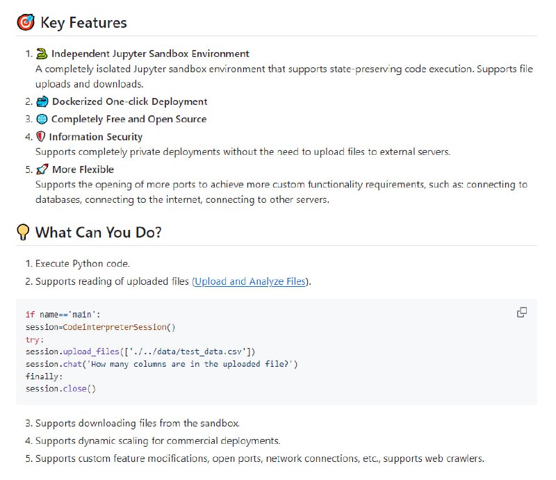 Code-Interpreter云端代码执行服务：为Python代码提供安全、独立的Jupyter沙箱环境，支持代码执行、文件上传下载、动态扩展和自定义功能，一键部署，完全开源且免费