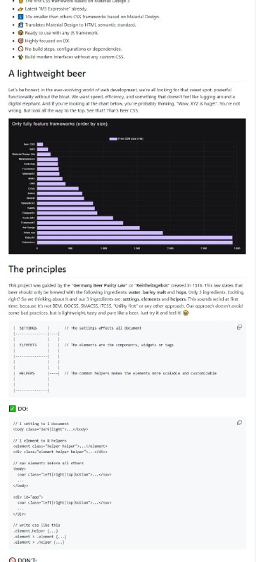 首个基于Material Design 3的超轻量级CSS框架，专为高效开发现代Web界面而生 |Beer CSS | #框架• 体积极小，仅为同类框架的1/10，极致精简，避免臃肿负担  • 直接映射Material Design到HTML语义标准，兼容所有主流JS框架  • 零配置，无构建步骤，无依赖，开箱即用，极大提升开发体验（DX）  • 纯粹设计理念：核心仅由三部分构成——settings、elements、helpers，灵感源自1516年德国啤酒纯净法，简洁而高效  • 支持动态主题切换（配合material-dynamic-colors），轻松实现运行时主题变更  • 多种使用方式：默认全局、scoped局部及自定义元素版本，灵活满足不同项目需求  • 完全开源MIT许可，社区活跃，持续迭代中，已获2000+星标认可  在复杂的Material Design实现中，Beer CSS用极简原则颠覆传统，兼顾语义与样式，助你快速构建高质量界面