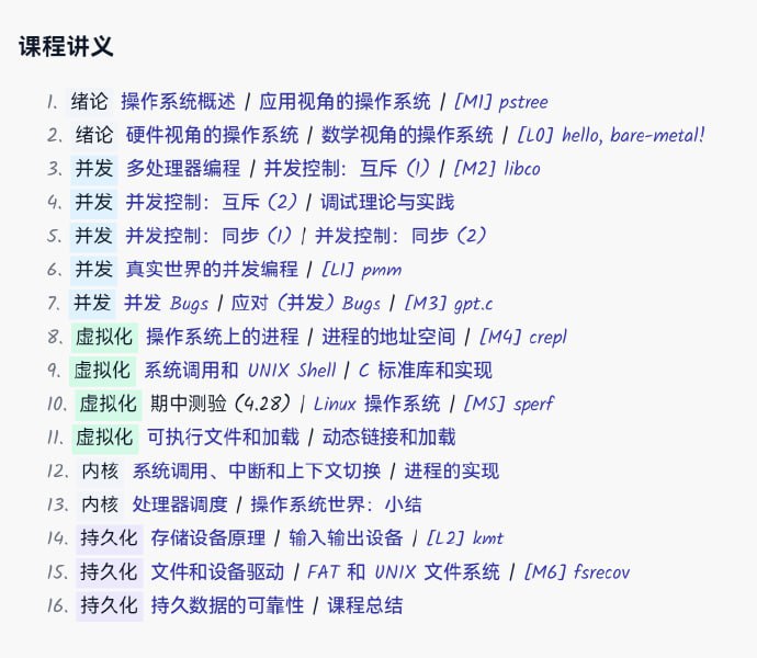 南京大学蒋炎岩老师的wiki：Yanyan's Wiki，内容主要是蒋炎岩老师教授的两门课的资料：操作系统、软件工程研究导论蒋炎岩老师的操作系统课很受欢迎也很经典