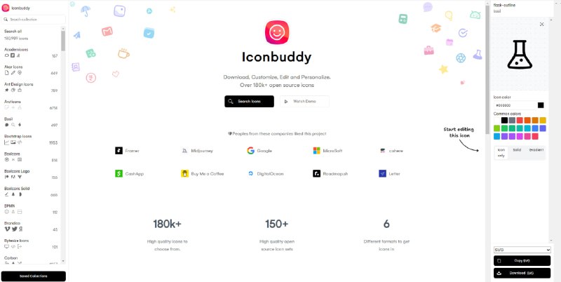 一个可自定义的图标库资源：iconbuddy.app | #图标它有10万多个图标，120多个图标集，并且每个图标都可以编辑，自定义，下载多种格式（SVG，PNG，WebP，甚至还有 React 和 Vue）