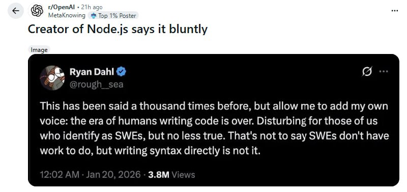 当Node.js之父宣布“人类写代码的时代结束”，程序员该何去何从Ryan Dahl，Node.js的创造者，最近在社交媒体上直言：人类写代码的时代结束了