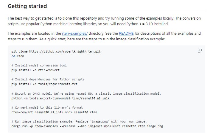 RTen：一个用Rust编写的轻量神经网络推理引擎，能将ONNX格式的机器学习模型高效运行在各种平台上，特别适合需要高性能和跨平台支持的场景RTen：一个用Rust编写的轻量神经网络推理引擎，能将ONNX格式的机器学习模型高效运行在各种平台上，特别适合需要高性能和跨平台支持的场景