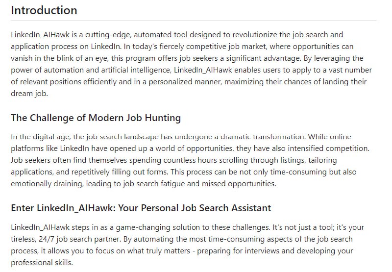 领英自动化求职助手，利用人工智能和自动化技术，帮助用户高效个性化地申请大量相关职位，提高获得理想工作的机会 LinkedIn_AIHawk | #工具领英自动化求职助手，利用人工智能和自动化技术，帮助用户高效个性化地申请大量相关职位，提高获得理想工作的机会 LinkedIn_AIHawk | #工具