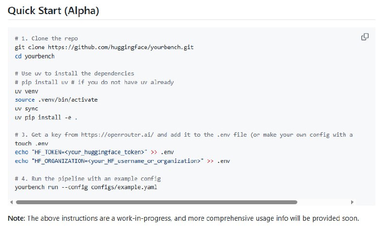 为你的数据量身定制的大型语言模型基准测试框架动态生成零样本基准，实时更新知识需求；支持多种数据格式（PDF、Word、HTML等），适应多样化场景；强大的可扩展性，轻松集成自定义模型或领域约束YourBench | #框架为你的数据量身定制的大型语言模型基准测试框架动态生成零样本基准，实时更新知识需求；支持多种数据格式（PDF、Word、HTML等），适应多样化场景；强大的可扩展性，轻松集成自定义模型或领域约束YourBench | #框架