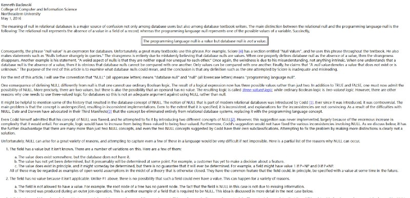 一篇技术短文，非常深入地讲解了数据库里的null和编程语言里的null，为什么有不同的含义：编程语言里的null是一个值(value)，而数据库里的null不是一个值(value)，它表示值不存在