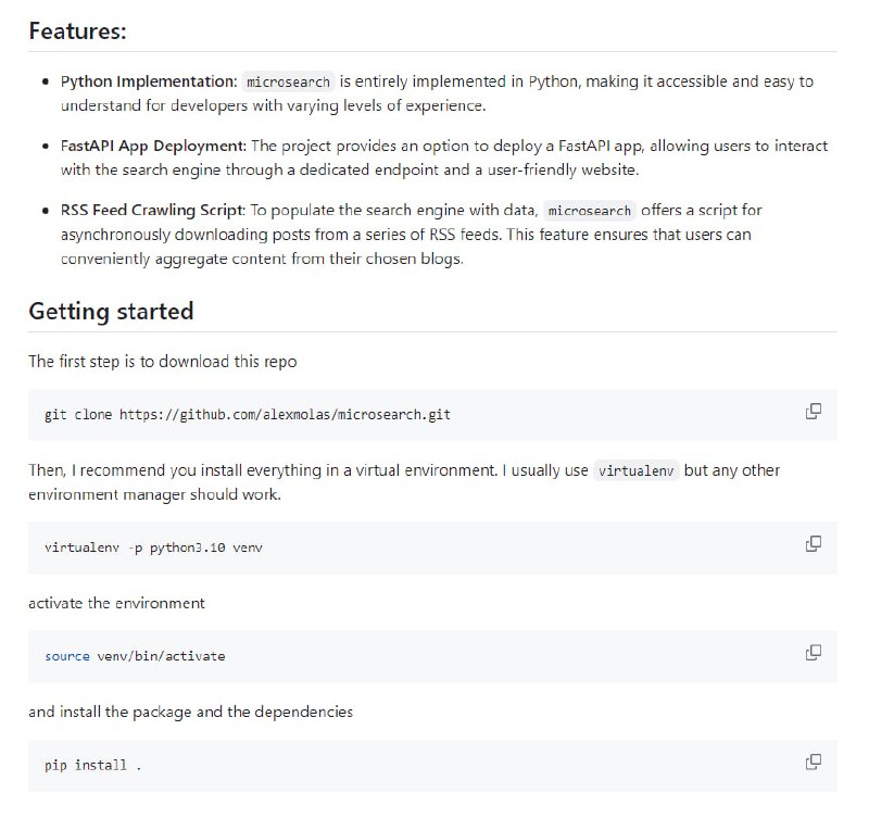 简单高效的Python搜索引擎，旨在提供简单易用的搜索功能，允许用户使用Python进行搜索，并提供了使用FastAPI创建应用程序以及网站的选项，以提供用户友好的体验microsearch | #搜索引擎