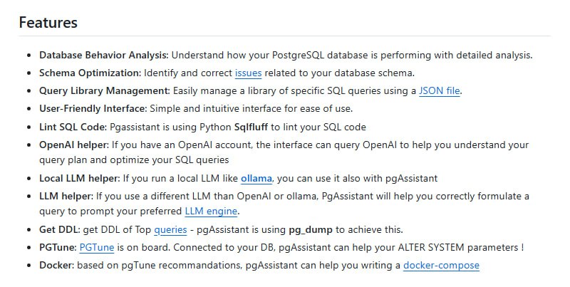 为PostgreSQL数据库性能优化而生的开源工具深入分析数据库行为，精准定位性能瓶颈；提供SQL查询库管理，轻松扩展查询功能；支持OpenAI和本地LLM辅助优化，提升开发效率PgAssistant | #工具为PostgreSQL数据库性能优化而生的开源工具深入分析数据库行为，精准定位性能瓶颈；提供SQL查询库管理，轻松扩展查询功能；支持OpenAI和本地LLM辅助优化，提升开发效率PgAssistant | #工具