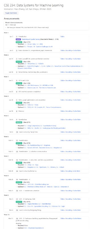 加州大学圣地亚哥分校的课程：Data Systems for Machine Learning 虽然名字里有个Data Systems，但更偏向于Machine Learning 