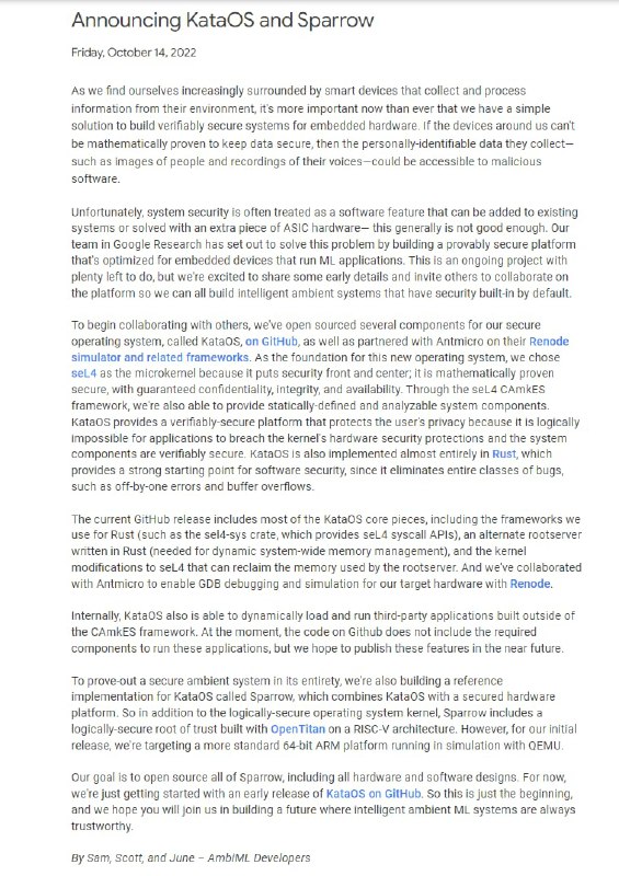 谷歌宣布推出 KataOS 和 Sparrow | 详情