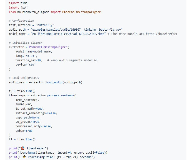 Bournemouth Forced Aligner（BFA）是一款基于 Python 的高性能语音对齐工具，专注于实现毫秒级别的音素时间戳提取，适用于语音分析、语言学研究及语音处理