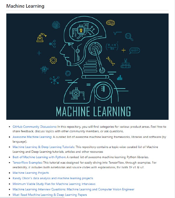 包含各种AI和ML领域的GitHub仓库列表，按不同的主题和技术分类，提供了大量与自然语言处理（NLP）、大型语言模型（LLM）、计算机视觉、数据科学、机器学习、机器学习运维（MLOps）和数据工程等领域相关的项目链接
