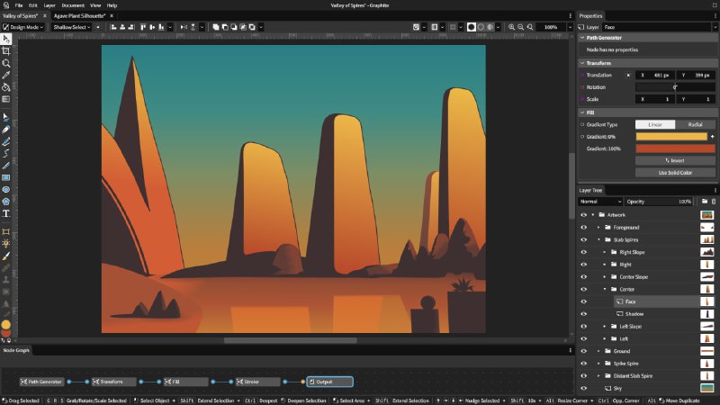 Graphite 是一个在浏览器中运行的轻量级矢量开源光栅和矢量 2D 图形编辑器，它由节点图合成引擎提供支持，可增强图层堆栈，提供完全无损的编辑体验