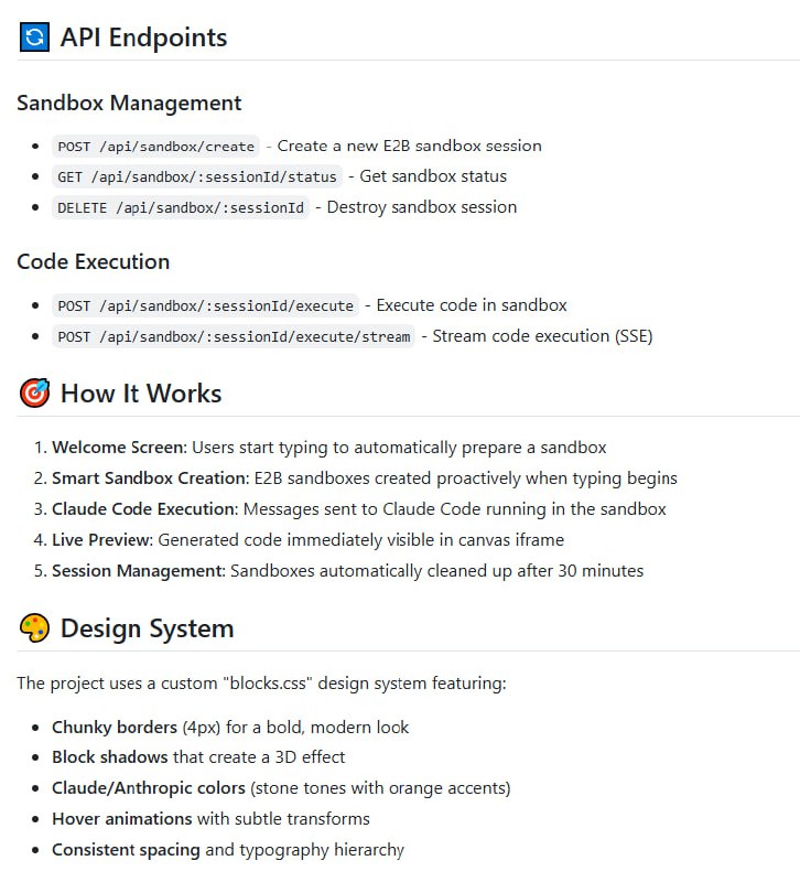 Claude in a Box 提供了一个基于 ChatGPT Canvas 风格的交互界面，结合 Claude Code AI 助手，运行于安全隔离的 E2B 沙箱环境中，实现代码实时开发与预览