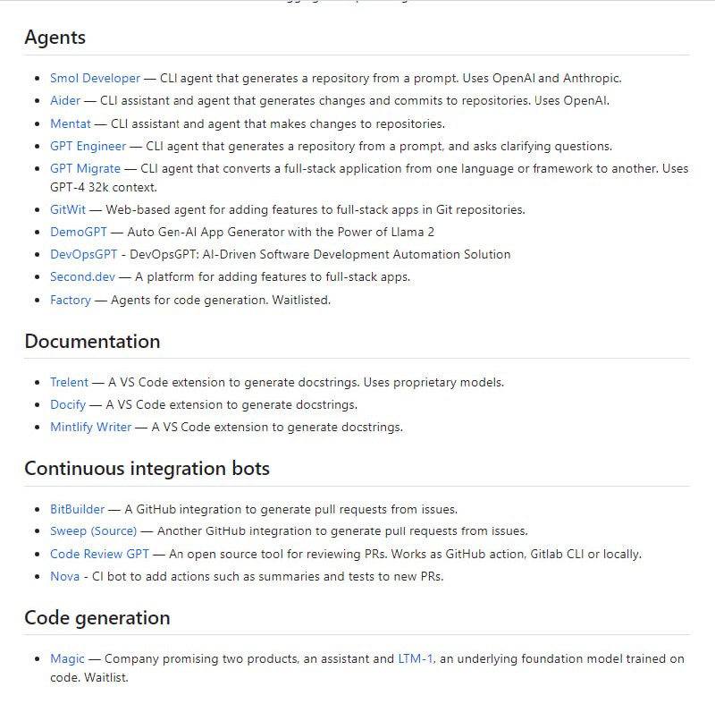 AI辅助开发者工具大列表，用来帮助开发者完成诸如代码补全、重构、调试、文档编写等任务