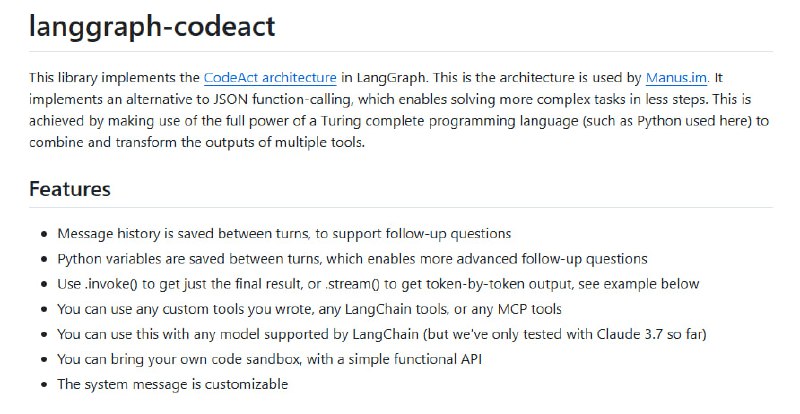 一个强大的AI工具库，通过CodeAct架构实现复杂任务的高效解决