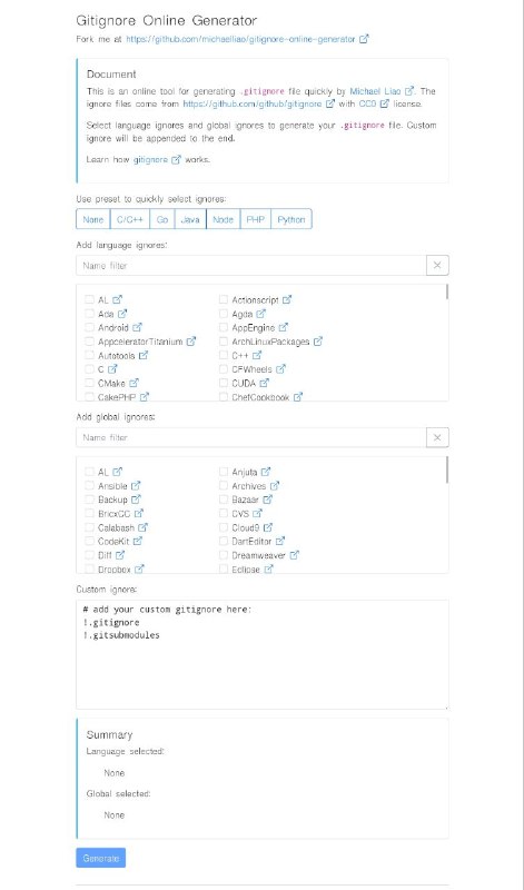 一个在线生成Gitignore文件并提供下载的服务 | Github根据编程语言、操作系统、ide等生成一个预设好的Gitignore文件