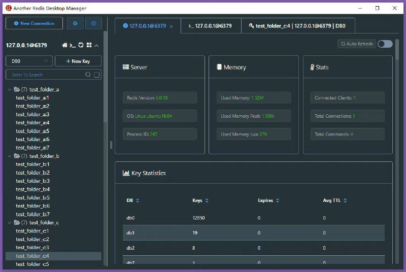 一款更快、更好、更稳定的 Redis 桌面（GUI）管理客户端：Another Redis Desktop Manager兼容 Windows、Mac、Linux 等主流系统