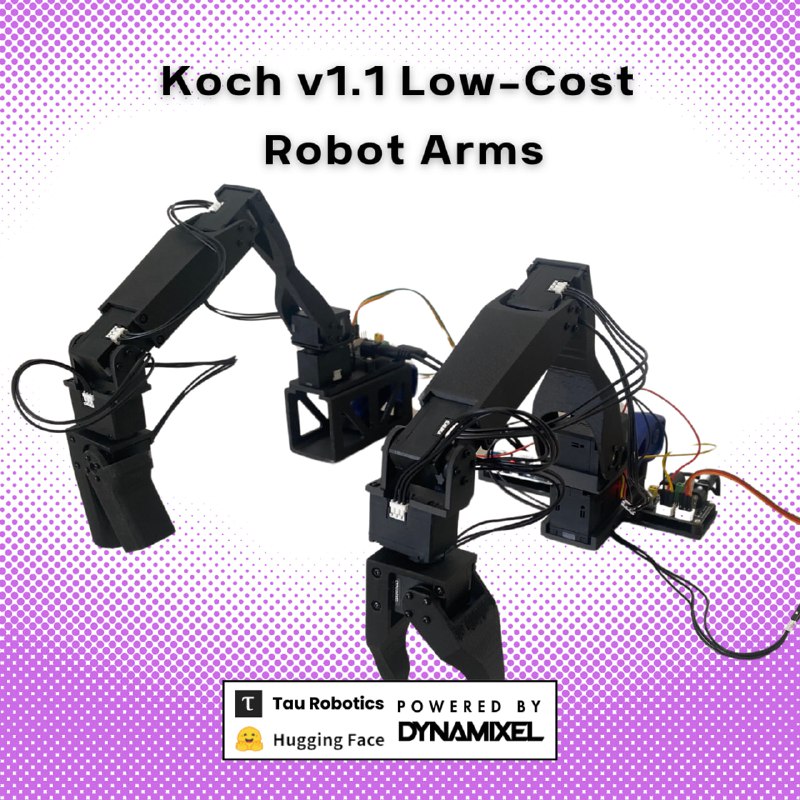 Koch v1.1 Low-Cost Robot Arm: Leader：为机器人爱好者和研究人员提供低成本（不到200美元）、高性能的机械臂解决方案使用高效可靠的Dynamixel XL430和XL330伺服电机，性能卓越；提供完整的构建指南和视频教程，易于上手；支持Hugging Face的LeRobot框架，可快速集成最新机器学习系统Koch v1.1 Low-Cost Robot Arm: Leader：为机器人爱好者和研究人员提供低成本（不到200美元）、高性能的机械臂解决方案使用高效可靠的Dynamixel XL430和XL330伺服电机，性能卓越；提供完整的构建指南和视频教程，易于上手；支持Hugging Face的LeRobot框架，可快速集成最新机器学习系统