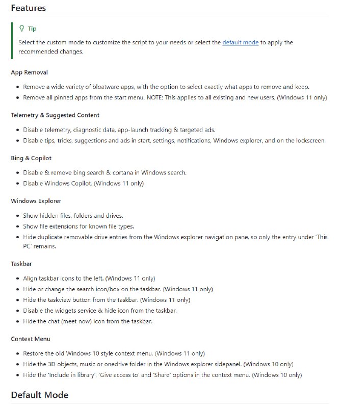 Win11Debloat，win10/win11优化脚本 | #脚本一款简单易用的PowerShell脚本，用于移除Windows中的臃肿应用，禁用遥测和Windows搜索中的Bing，同时进行各种其他更改，以清理和改善Windows体验