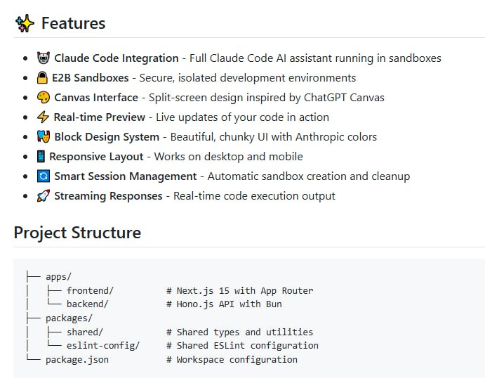 Claude in a Box 提供了一个基于 ChatGPT Canvas 风格的交互界面，结合 Claude Code AI 助手，运行于安全隔离的 E2B 沙箱环境中，实现代码实时开发与预览