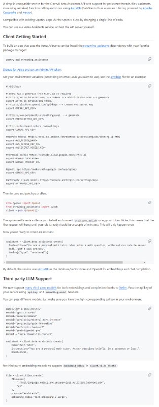 Astra Assistant API Service：与OpenAI beta Assistants API兼容的后端实现，支持持久线程、文件、助手、流式处理、检索、函数调用等功能，使用AstraDB作为数据库和向量存储